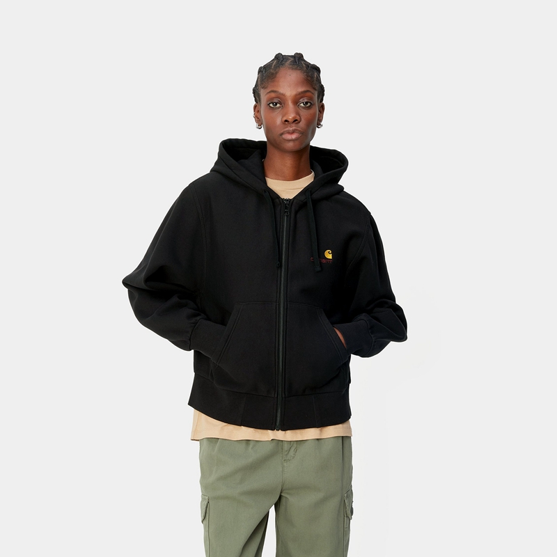 Black Women Carhartt Hooded American Script Jackets | VJC-623917