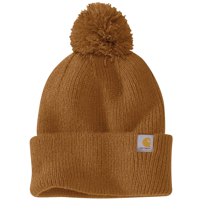 Brown Women Carhartt Knit Pom-Pom Cuffed Beanie Hats | KIH-604581
