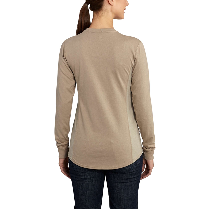 Khaki Women Carhartt Flame-Resistant Force Cotton Long-Sleeve Crewneck T-Shirt | OHC-736209