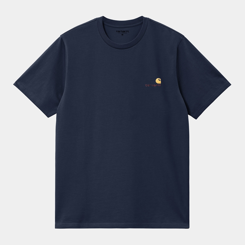 Navy Men Carhartt American Script T-Shirt | GPW-072348